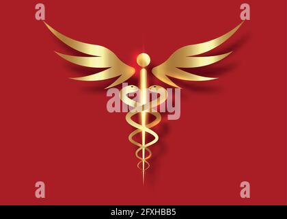 Medizinische Caduceus Symbol in goldener Farbe. Gold Luxus Logo Konzept der öffentlichen Gesundheit, zwei Schlangenfackeln Silhouette. Altes hermes-Stabzeichen, Vektor-Symbol Stock Vektor