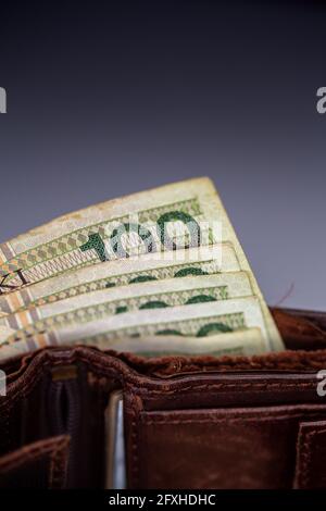 Viele polnische Banknoten ragen aus einer braunen Ledertasche. Foto aufgenommen unter künstlichem, weichem Licht, Grau, verschwommenem Hintergrund. Stockfoto