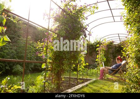 Frau mit Laptop im sonnigen Sommergarten unter Gitter Stockfoto