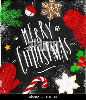 Weihnachts-Poster-Schriftzug fröhliche weihnachtszeichnung im Vintage-Stil auf Schwarzes Brett Stock Vektor
