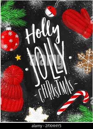 Weihnachts-Poster-Schriftzug Holly Jolly weihnachtszeichnung im Vintage-Stil Auf dem Schwarzen Brett Stock Vektor