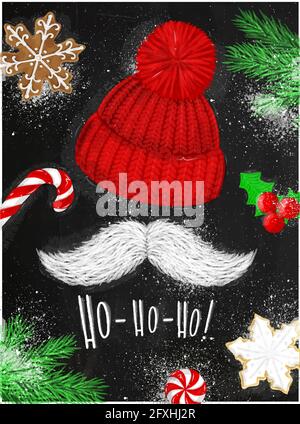 Weihnachts-Poster mit Hut, Schnurrbart, Süßigkeiten, Keks, weihnachtsbaum-Schriftzug ho ho ho Zeichnung im Vintage-Stil auf Kreidetafel Stock Vektor