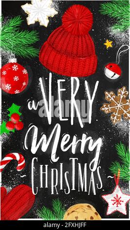 Weihnachts-Poster-Schriftzug eine sehr fröhliche weihnachtszeichnung im Vintage-Stil Style auf der Tafel Stock Vektor