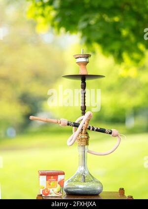Der Kopf einer Shisha, Wasserpfeife oder Shisha mit glühender Kohle im Garten im Sommersonnenschein Deutschland, Kopf, Wasserpfeife, Rauchen, Arabeske Stockfoto