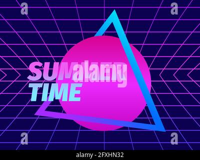 Sommerzeit. 80er Jahre Retro-Sonne in einem dreieckigen Rahmen. Synthwave- und Retro-Wave-Style. Grid Virtual Reality. Abstrakter Retro-Hintergrund für Banner und poste Stock Vektor