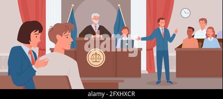 Gerichtsurteil, Rechtsgerechtigkeit Konzept, Anwalt oder Staatsanwalt halten Rede im Gerichtssaal Stock Vektor