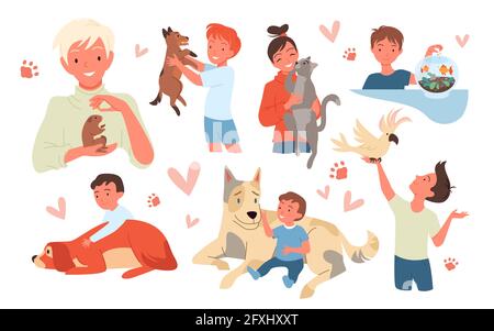 Glückliche Kinder lieben Haustiere gesetzt, lächelnde Kinder halten, stehen, sitzen mit Katze Hund Freund Stock Vektor