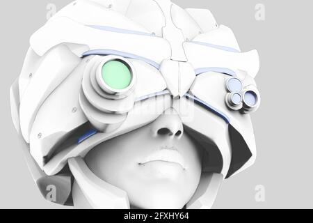 3d Rendering Illustration von Sci-Fi-Mädchen Gesicht in Helm auf grauem Hintergrund. Stockfoto