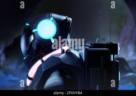 Isolierte 3d-Renderdarstellung eines Astronauten im Raumanzug und Helm, der auf dem dunklen Weltraum-Planeten-Oberflächenhintergrund steht, Profilansicht. Stockfoto