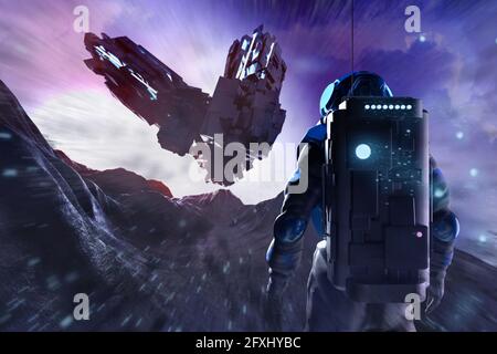 3d-Renderdarstellung eines Astronauten im Raumanzug auf einer außerirdischen futuristischen Felsenplanetenoberfläche mit Landung eines Raumschiffs. Stockfoto