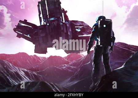 3d-Renderdarstellung des Astronauten im Raumanzug auf außerirdischer futuristischer Felsenplanetenoberfläche mit Raumschiff-Flugzeugen. Stockfoto