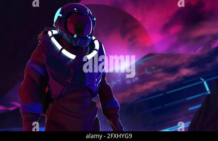 3d-Renderdarstellung eines Astronauten im Raumanzug auf einer außerirdischen, futuristischen, violetten und blauen Station. Stockfoto