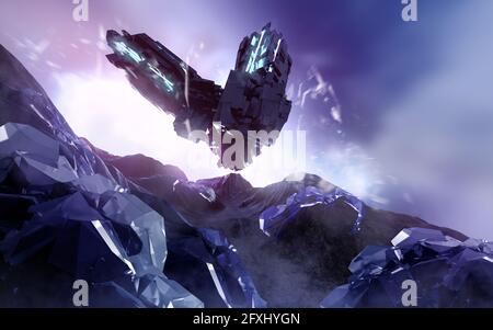 3d-Rendering-Illustration eines futuristischen Raumschiffs, das auf einem außerirdischen Kristallplaneten landet. Stockfoto