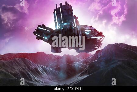 3d-Rendering-Illustration eines futuristischen Raumschiffs, das auf einer außerirdischen Felsplanetenoberfläche landet. Stockfoto