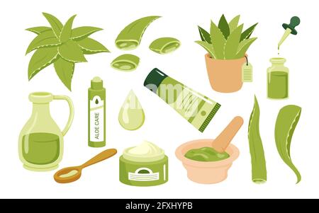 Aloe Vera Kosmetik-Hautpflege, Saft saftige Pflanze, Bio-Gel-Creme-Öl-Set Stock Vektor