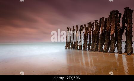FRANKREICH, BRETAGNE, ILLE ET VILAINE (35) SAINT-MALO, GROSSE HOLZSTAPEL AM STRAND VON SAINT-MALO BEI EBBE Stockfoto