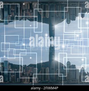 Technologie Internet der Dinge über dem Hong Kong Stadtbild Skyscaper am Mittag, Business-Architektur und Gebäude mit touristischen Konzept, Technologie s Stockfoto