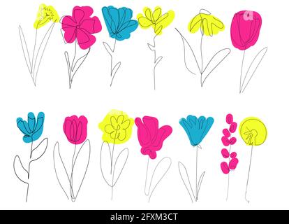 Set von schönen Frühlingsblumen isoliert auf weißem Hintergrund, eine kontinuierliche Linie, schwarze Kontur Kunst und farbige Flecken, florale Vektor-Elemente, botani Stock Vektor