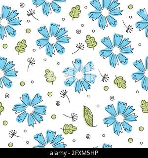 Elegantes nahtloses Muster mit wunderschönen blühenden Frühlingsblumen, handgezeichnet mit Konturlinien auf weißem Hintergrund. Natürliche Vektorgrafik für Stock Vektor