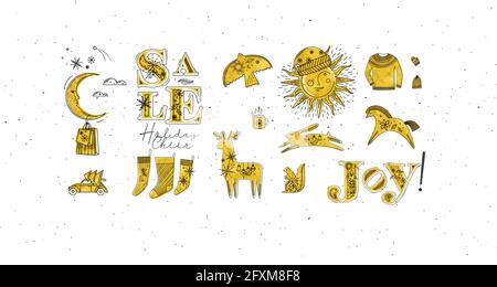 Frohe weihnachten Symbole Schriftzug Verkauf, Feiertagsstimmung, Freude und illustrierte Sonne mit Hut und Mond mit Geschenk, Tasse, Pferd, Hirsch, Kaninchen, hut, Handschuh, ziehen Stock Vektor