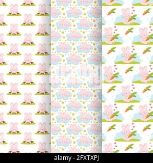 Cute Cartoon Bunny Charakter nahtlose Muster gesetzt. vektor-Illustration Stock Vektor