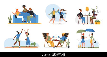 Personen Freunde verbringen Zeit zusammen Vektor Illustration Set. Cartoon junge Frauen-Charaktere trinken Wein im Café, sitzen zu Hause auf dem gemütlichen Sofa, reden, tanzen auf der Musikparty. Freundliches Treffen, isoliert auf Weiß Stock Vektor