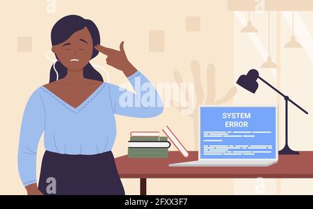 Büroangestellte in Stress-Vektor-Illustration. Cartoon müde unglücklich Frau Mitarbeiter Charakter mit pc-Fehler Aufmerksamkeit Symbol und Warnungen für Computer-Benutzer, Problem Stress Alarm Hintergrund aufgeregt Stock Vektor