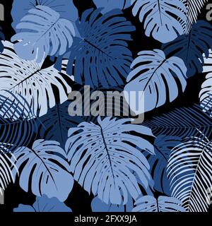 Dschungel-Mode-Druck nahtloses Muster. Tropische Monstera hinterlässt modischen Hintergrund. Struktur des Regenwaldes bei Nacht. Stock Vektor