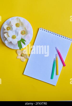 Becher mit Blumen Buntstifte Blumen und ein Notizbuch auf Ein gelber Hintergrund Stockfoto