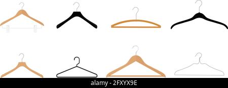 Kleiderbügel aus Holz, Kunststoff und Metalldraht, Kleiderbügel auf weißem Hintergrund Stock Vektor