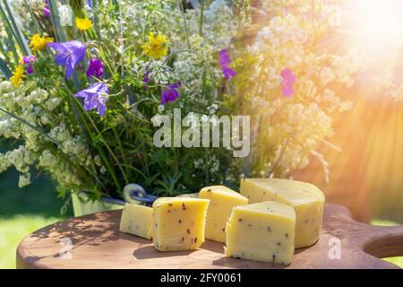 Käse in Scheiben mit Kreuzkümmel auf einem Holztisch. Feier eines traditionellen Feiertags in Lettland Ligo im Juni Stockfoto