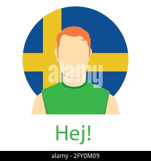 Schwedische Sprache Rede Hallo Konzept. Hej! Schweden Flagge junge Mann Hej! Vector Illustration Stock Vektor