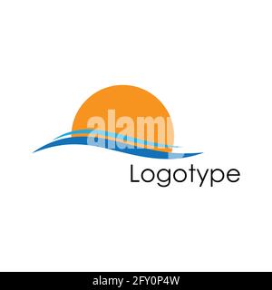 Abstrakte Gestaltung von Sonne und Meer Symbol. Vector Illustration Sonnenuntergang logo Vorlage. Schriftzug Stock Vektor