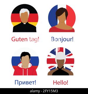 Unterschiedliche Sprache Sprache Hallo Konzept. Russische Föderation, Vereinigtes Königreich, Frankreich, deutsche Flaggen. Stock Vektor