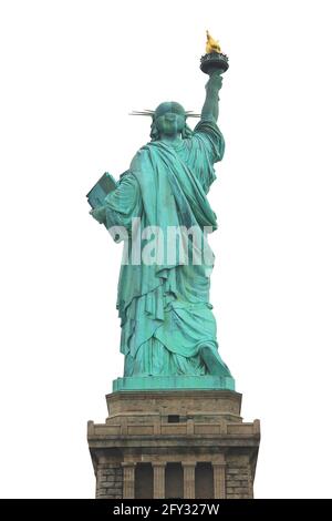 Rückseite der Freiheitsstatue in New York, isolierter weißer Hintergrund Stockfoto