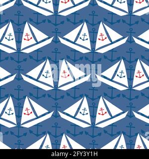 Schablone Stil Vektor weiße Segelboote Nahtloses Muster auf Marine Blauer Hintergrund mit dezenten Ankerformen.Wassertransport handgezeichnete Yacht Design Stock Vektor