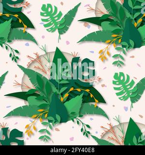 Nahtloses Muster im Papierschnitt-Stil aus abstrakten und tropischen Pflanzen in Grün und Orange. Monstera Palme und Bananenblätter Textur. Stockfoto