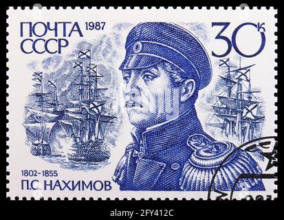 MOSKAU, RUSSLAND - 31. AUGUST 2019: Die in der Sowjetunion (Russland) gedruckte Briefmarke zeigt Admiral P.S. Nakhimov (1802-1855), den russischen Marinekommandanten Stockfoto
