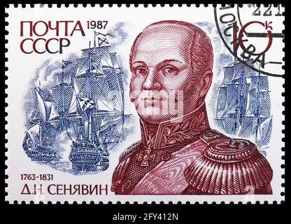 MOSKAU, RUSSLAND - 31. AUGUST 2019: Die in der Sowjetunion (Russland) gedruckte Briefmarke zeigt Admiral, Dmitri Senjavin (1763-1831), russische Marinekommandeure Stockfoto