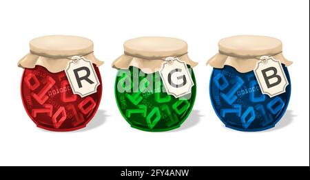 RGB-Farbmodell, Jam, Funny Vintage-Konzept. Abbildung von drei Marmeladengläsern mit binären Code-3d-Symbolen und Etiketten mit RGB-Text. Stockfoto