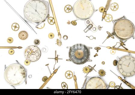 Textur der alten mechanischen Details, Armbanduhr und Werkzeuge Stockfoto