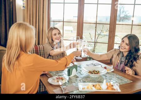 Gruppe von Frauen feiern Geburtstag und schauen fröhlich Stockfoto