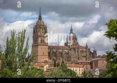 Salamanca / Spanien - 05 12 2021: Majestätischer Blick auf das gotische Gebäude der Kathedrale von Salamanca, Türme und Kuppeln, die umliegende Vegetation Stockfoto