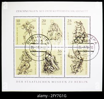 MOSKAU, RUSSLAND - 22. AUGUST 2019: Briefmarke gedruckt in Deutschland, Demokratische Republik, zeigt Gemeinschaftsausgabe: Zeichnungen, Mini-Blatt, Zeichnungen aus dem Gr Stockfoto
