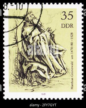 MOSKAU, RUSSLAND - 22. AUGUST 2019: Briefmarke gedruckt in Deutschland, Demokratische Republik, zeigt den heiligen Antonius auf dem Land von Matthias Grünewald, Stockfoto