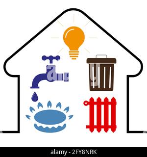 Symbole für die Energieversorgung: Wasser, Gas, Beleuchtung, Heizung, Abfall. Flacher Stil. Ikonen der Kommunikation im Haus. Vektorgrafik im flachen Stil Stock Vektor