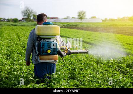 Ein Landwirt mit einem Nebelsprüher sprüht Fungizid und Pestizid auf Kartoffelbüsche. Effektiver Pflanzenschutz, Umweltauswirkungen. Schutz von Cu Stockfoto