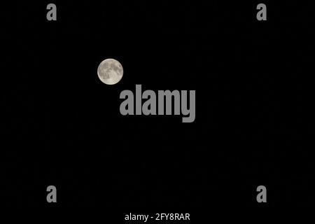 Ein Vollmond in seiner größten Größe, genannt Supermond in einer klaren, dunklen Sommernacht ohne Wolken mit einem negativen Kopieraum, Kairo, Ägypten. Stockfoto
