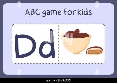 Kind Alphabet Mini-Spiele im Cartoon-Stil mit Buchstaben D - Daten. Vektor-Illustration für Spiel-Design - Schneiden und spielen. Lerne abc mit Flash-Karten für Obst und Gemüse. Stock Vektor