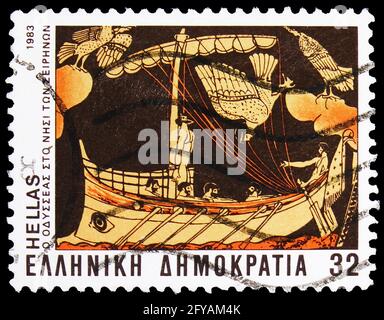 MOSKAU, RUSSLAND - 23. SEPTEMBER 2019: Die in Griechenland gedruckte Briefmarke zeigt Homers Epen - Odysseus auf der Insel der Sirenen, altgriechische Autoren Stockfoto